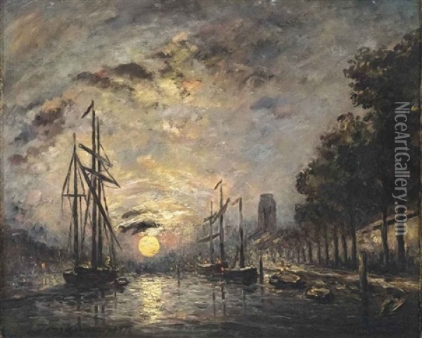 Clair De Lune Sur Un Canal, Dordrecht Oil Painting - Johan Barthold Jongkind