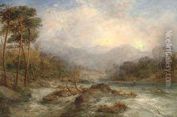 An angler on a river in full spate Oil Painting - James Webb