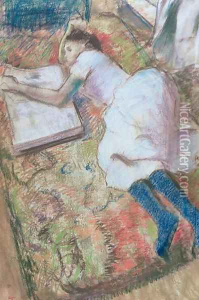 Young Girl Lying Down Looking at an Album, c.1889 Oil Painting - Edgar Degas