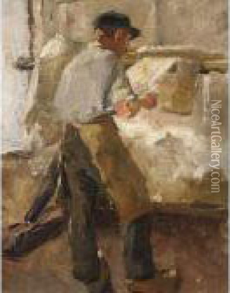 Young Workman At A Stretching Frame Oil Painting - Alexander Gerhard Anton Ridder Van Rappard