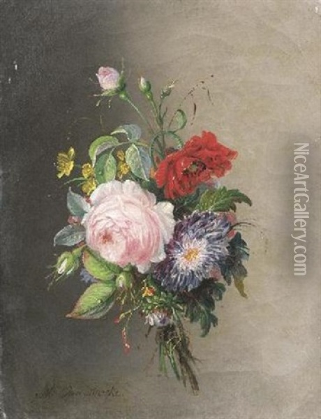 Blumenbouquet Von Rosen, Mohn Und Einer Aster Oil Painting - Marie Jaqueline Francoise van Marcke