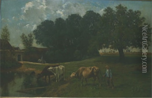 Landskap Med Boskap Vid Vattendrag Oil Painting - Clement (Charles-Henri) Quinton