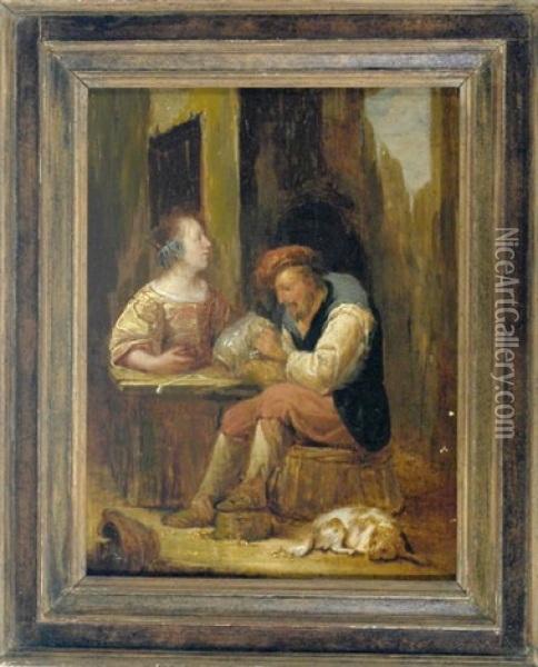 Wirtshausszene Mit Paar Am Tisch Und Schlafendem Hund Oil Painting - Joos van Craesbeeck