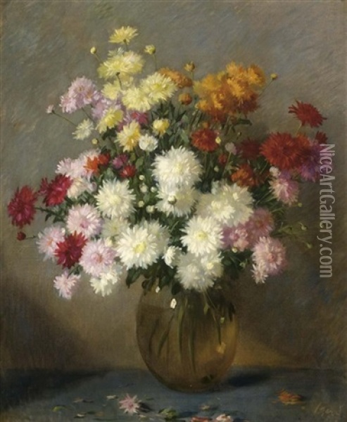 A Flower Still Life With Chrysanthemum In A Glass Bowl Oil Painting - Solomon Garf