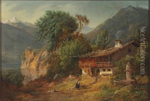Mountain Landscape With Woman Near House Oil Painting - Frederik Christian Jacobsen Kiaerskou