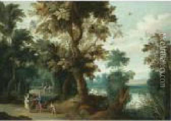 Wooded River Landscape With A Fortune Teller Oil Painting - Jasper van der Lamen