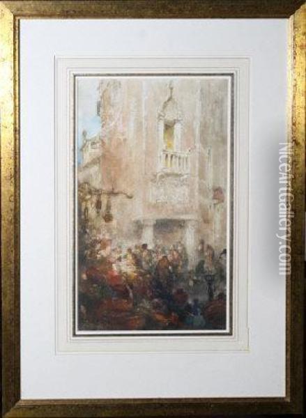 A Busy Market Place In Venice Oil Painting - Clara Montalba