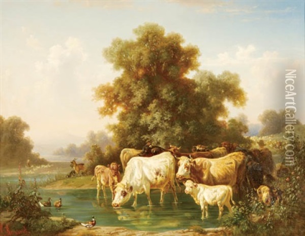 A Farmer Watering Livestock Oil Painting - Louis (Ludwig) Reinhardt