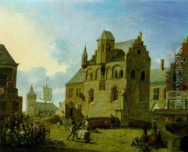 Marktplatz In Einer Hollandischen Stadt Oil Painting - Johannes Huibert (Hendric) Prins