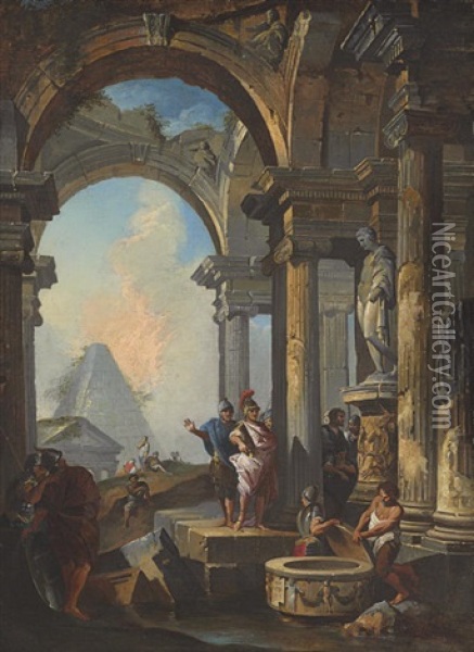 A Capriccio Of Classical Ruins With Alexander Opening The Tomb Of Achilles Oil Painting - Giovanni Paolo Panini