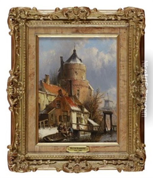 View Of A Dutch Town In Winter With Figures By A River Oil Painting - Willem Koekkoek