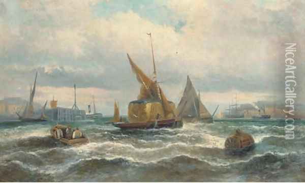 Hay barges and other shipping in the harbour Oil Painting - William A. Thornley or Thornbery