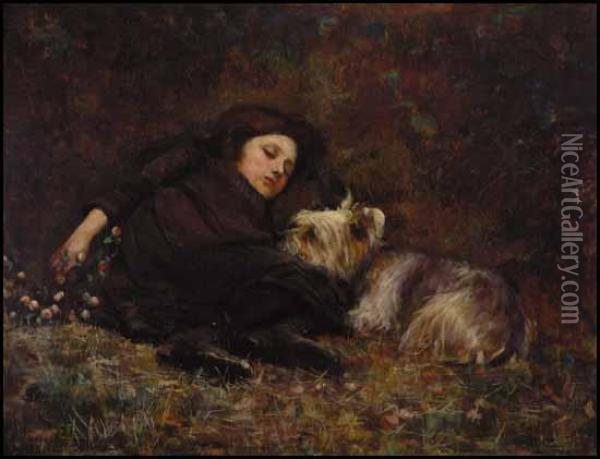 Young Girl With Terrier Oil Painting - Paul Peel