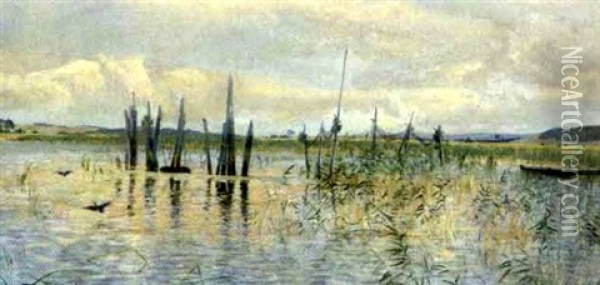 Fjordparti Med Siv Og Bundgarnspaele Oil Painting - Carl Milton Jensen