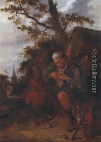 Peasants Seated Outside A Farmhouse Oil Painting - Harmen Hals