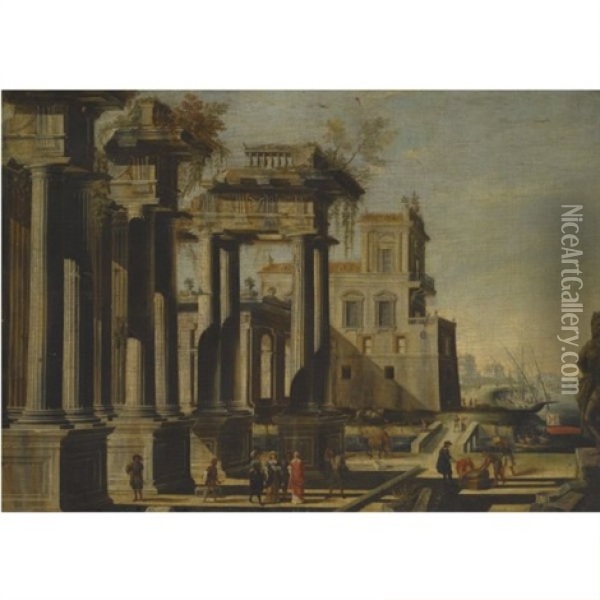 A Mediterranean Harbor Capriccio With Figures Beneath Classical Ruins Oil Painting - Vicente Giner