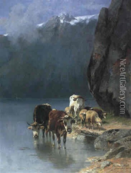 Im Flachen Uferwasser Eines Bergsees Stehen Kuhe Bei Der Tranke Oil Painting - Christian Friedrich Mali