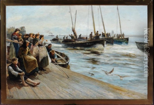 On The Quay - North Shields Fisherwomen Greeting The Arrival Of The Fishing Fleet Oil Painting - Robert Jobling