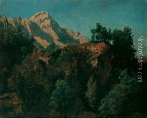 Baumbestandene Hugelige Felskuppe Vor Einer Schweizer Bergkette Oil Painting - Johann Wilhelm Schirmer