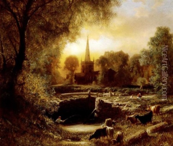 Willage Church At Sunset Oil Painting - James Fairman