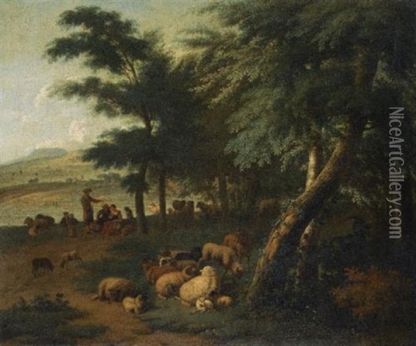 Shepherds Resting With Their Flock At The Edge Of A Wood Oil Painting - Jan van der Meer