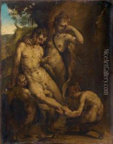 Satyre Retirant Une Epine Du Pied D'un Faune Oil Painting - Bartholomaeus Spranger