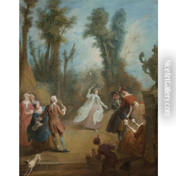 Elegant Figures Playing Shuttlecock In A Park Oil Painting - Pierre-Antoine Quillard