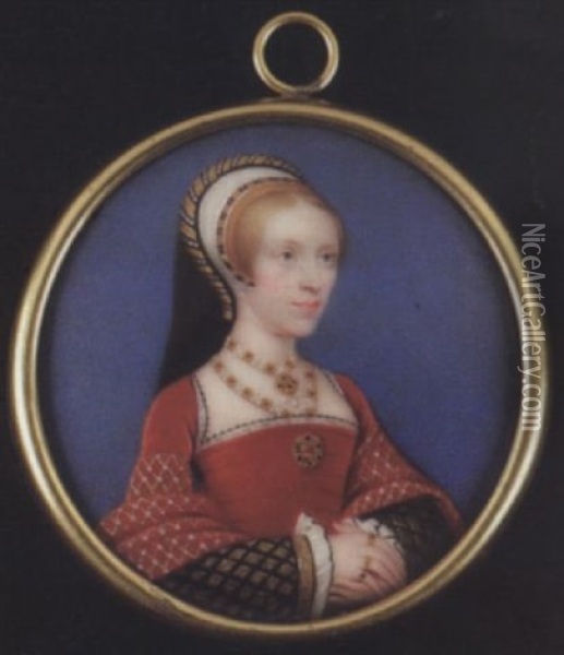 Elizabeth, Lady Audley Wearing Red Velvet Dress With Gold-figured Short Sleeves Adorned With Pearls, Black Sleeves Embroidered With Gold Diamonds, Headdress, Jewelled Necklaces And Brooch Oil Painting - Henry-Pierce Bone