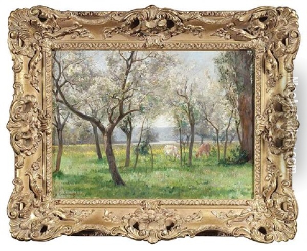 Sommerliche Baumwiese Mit Grasenden Kuhen Oil Painting - Adolf Kaufmann