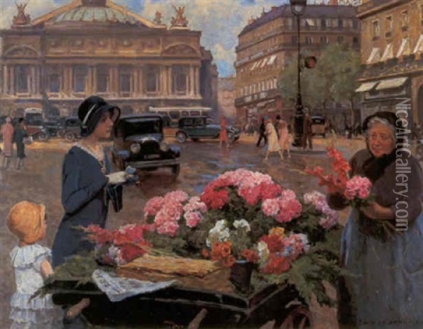 Flower Seller At The Place De L'opera, Paris Oil Painting - Louis Marie de Schryver