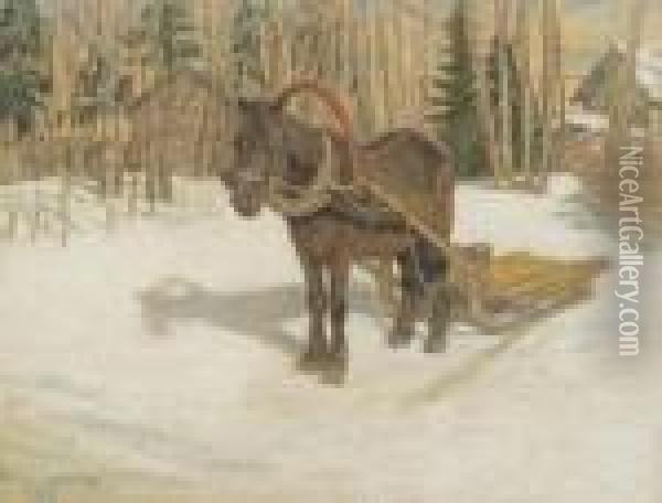 Winter Landscape With Horse And Sledge Oil Painting - Nikolai Petrovich Bogdanov-Belsky