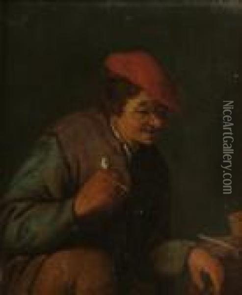 A Toper Holding A Pipe; And A Peasant Woman At A Table Oil Painting - Cornelis Cornelisz Van Haarlem