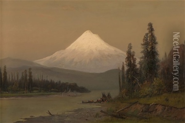 Mt. Hood From Hood Riv. Oregon Evening Oil Painting - Franz Arthur Bischoff