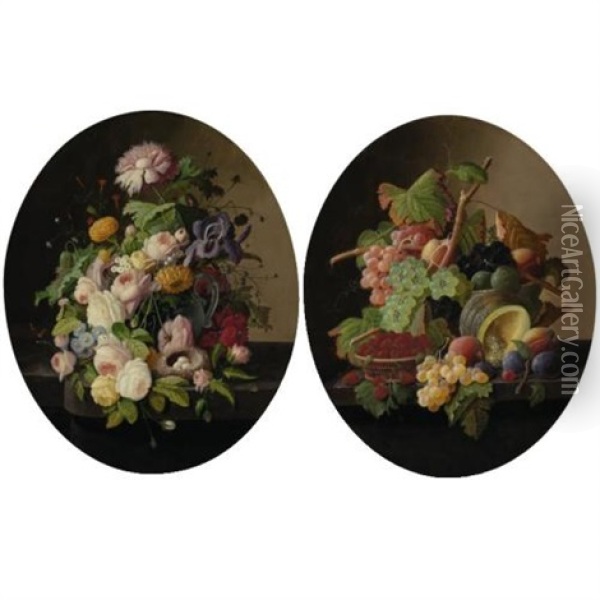 Flowers And Fruit (pair Of Still Lifes) Oil Painting - Severin Roesen