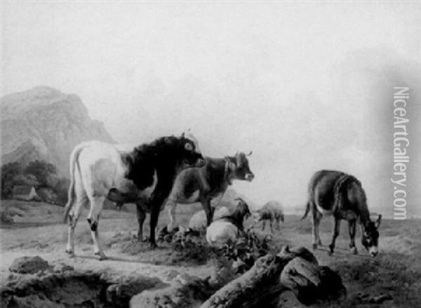 Cows, Sheep And A Donkey In A Meadow Oil Painting - Louis Robbe