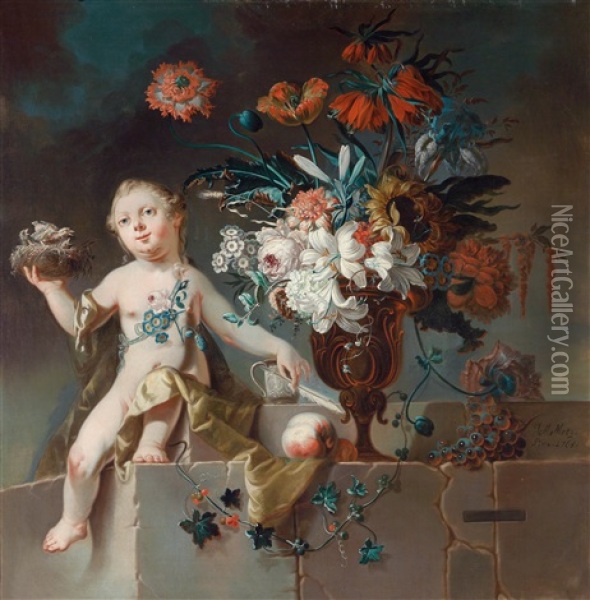 Blumenstillleben Mit Einem Putto Mit Vogelnest Oil Painting - Johann Martin Metz