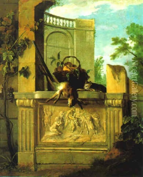 Architekturruine Mit Katze Und Einem Jagdstilleben Oil Painting - Pierre Dupuis