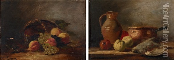 Stillleben Mit Pfirsich Und Trauben (+ Stillleben Mit Tonkrug, Apfeln Und Totem Vogel; Pair) Oil Painting - Prudent Louis Leray
