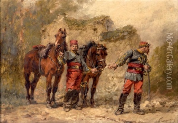 Officier De Cavalerie Et Son Ordonnance Sous Napoleon Iii Oil Painting - Wilfrid Constant Beauquesne