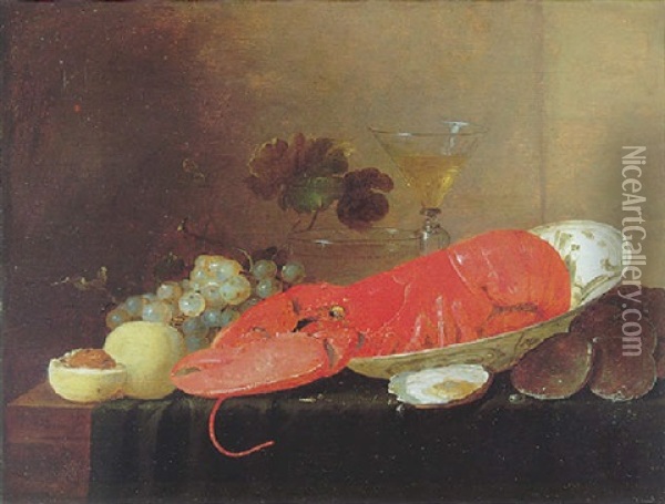 A Still Life Of A Lobster In A Porcelain Bowl Beside A Glass Of Wine, A Glass Bowl, Grapes, Peaches And Oysters On A Cloth On A Table Oil Painting - Pieter van Overschee