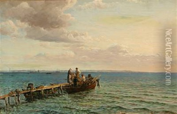 Coastal Scene With Ships On The Sea, In The Background The Swedish Coast Oil Painting - Holger Luebbers