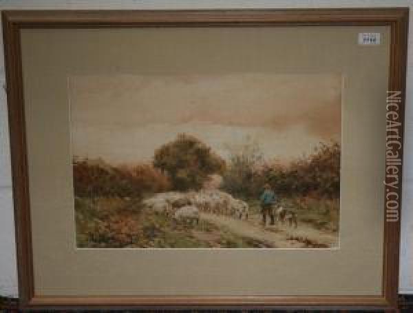 Shepherd With Sheepdog And Sheep In Rurallane Oil Painting - Walter Sydney Stacey