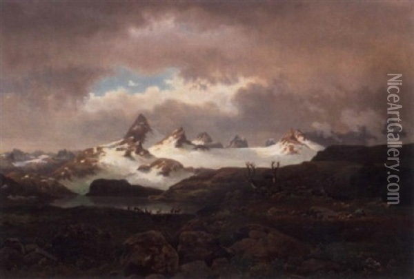 Reinsdyr Pa Hoyfjellet Oil Painting - Niels Bjornsen Moller