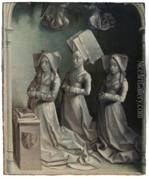 Jeanne Peschard (d. 1468) And Her Daughters, Jacquette And Catherine Bude, As Donors Oil Painting -  Master of the Dreux Bude triptych