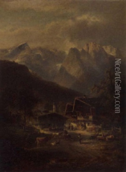 An Alpine Village Oil Painting - Ferdinand Feldhuetter