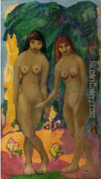 Two Nudes In Landscape Oil Painting - Harry Phelan Gibb