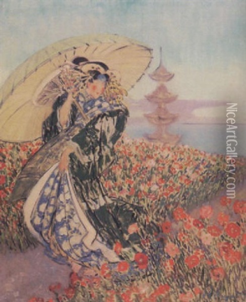 Japanese Woman Amongst The Flowers Oil Painting - Everett Lloyd Bryant