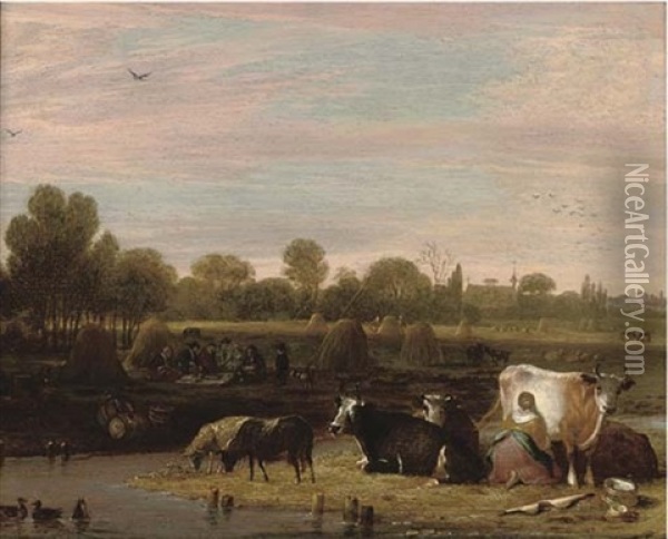 A Milkmaid By A Stream With Sheep Grazing, With Haymakers In A Field, A Church Beyond Oil Painting - Cornelis Saftleven