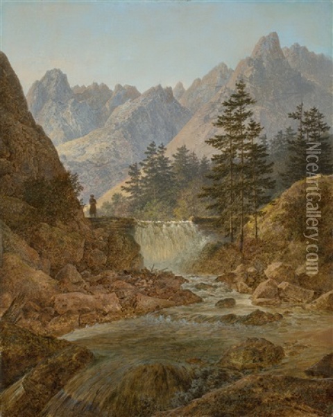 Mountain Landscape With A Walking Figure Oil Painting - August Bedrich Piepenhagen