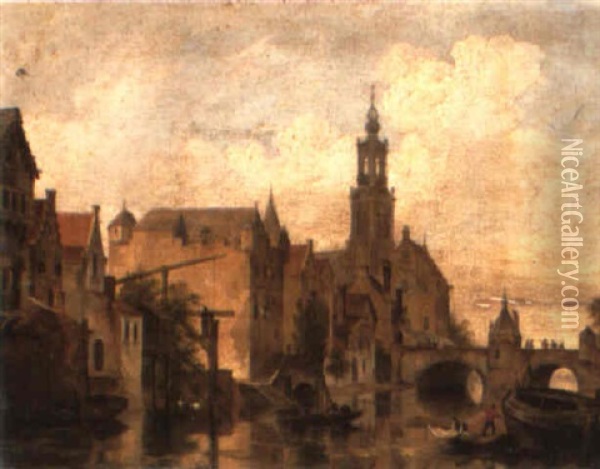 A Dutch River Town With Figures In A Punt Before A Bridge Oil Painting - Bartholomeus Johannes Van Hove